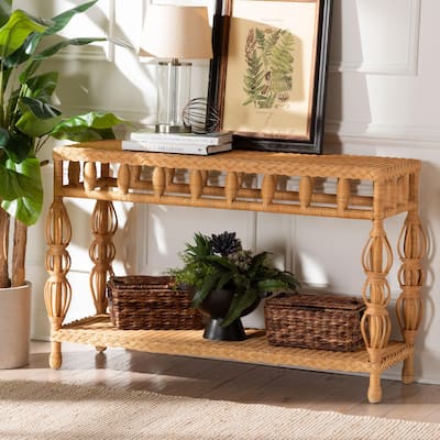 Dolby Natural Rattan Console Table - Handwoven Wicker Accent Table with Openwork Design and Lower Shelf, Coastal Boho Style