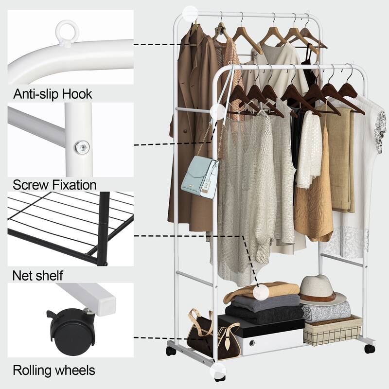 Heavy Duty Clothes Rack Double Rod Clothing Stand with Shelf - 31.4x20x61 inch