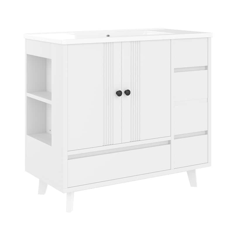 36" Bathroom Vanity with Sink, Free Standing Single Vanity Set with 4 Drawers and Side Storage Rack