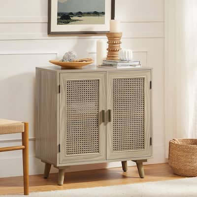 Woodland Multifunctional Rattan-Accented 2-Door Storage Stackable Buffet Cabinet with Solid and Wood Frame by HULALA HOME