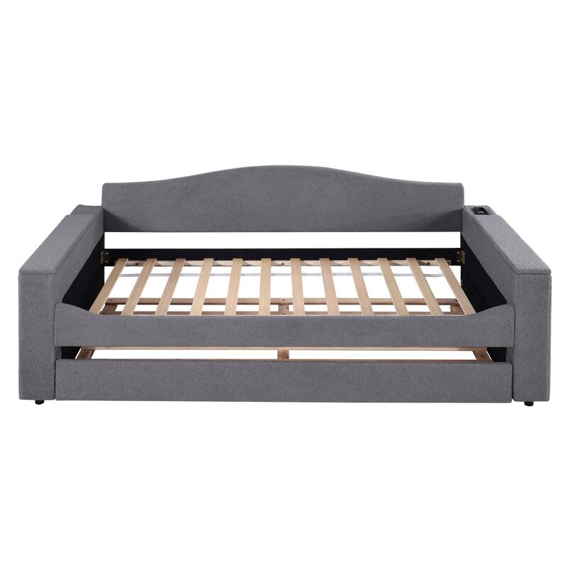 Twin Size Upholstered Daybed with Storage Armrests - Grey
