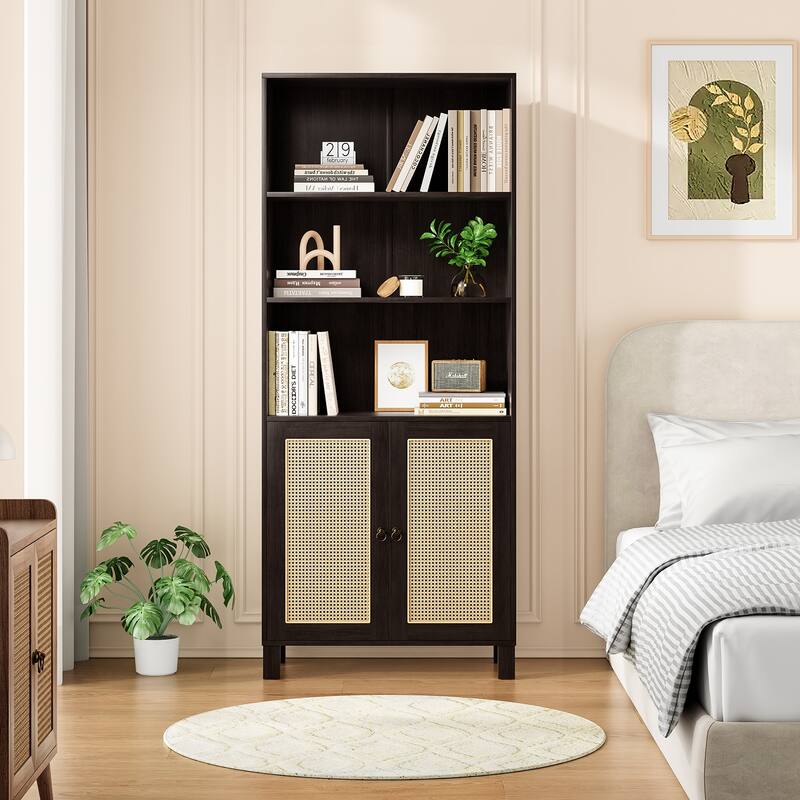 Tall Bookcase with Rattan Doors,5 Tier Storage Wood Shelves Large Bookshelf for Library Living Room Bedroom Home Office