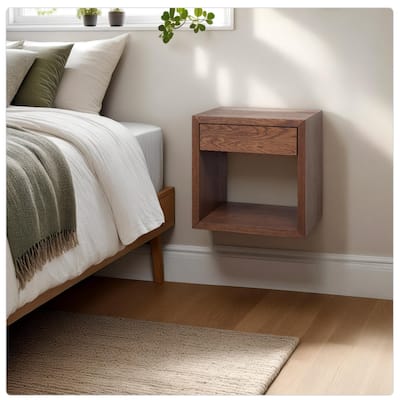 Solid Wood Floating Nightstand Walnut Finish - Nightstand with Drawer / Bedside Table