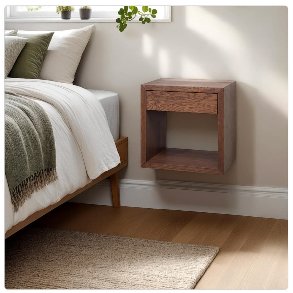 Solid Wood Floating Nightstand Walnut Finish - Nightstand with Drawer / Bedside Table