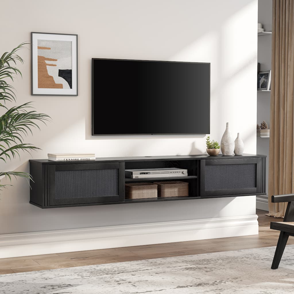 WAMPAT Floating TV Stand Shelf with Power Outlet and 2 Rattan Doors