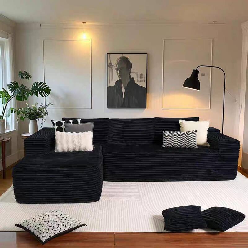 105" Corduroy Sectional Sofa with Chaise, Modern L-Shaped Modular Couch with Deep Seats, Plush Upholstered Living Room Sofa - Black