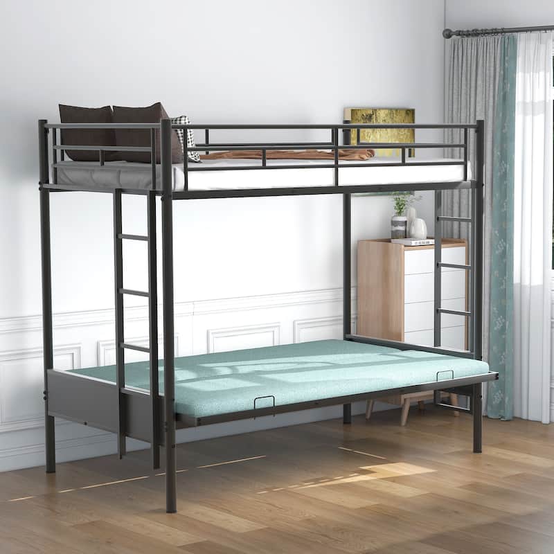Twin Over Full Bunk Bed with Futon Sofa Multi Function Metal Frame