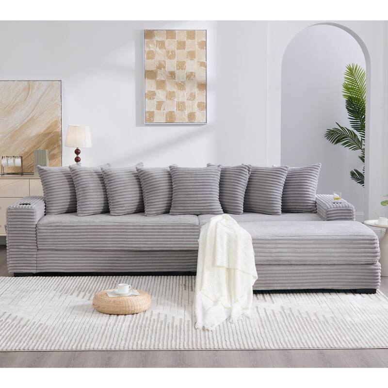 110.75" Corduroy Sectional Sofa, Convertible Sleeper Sofa Bed L-Shaped Upholstered Couch with Removable Footstool, Cup Holder