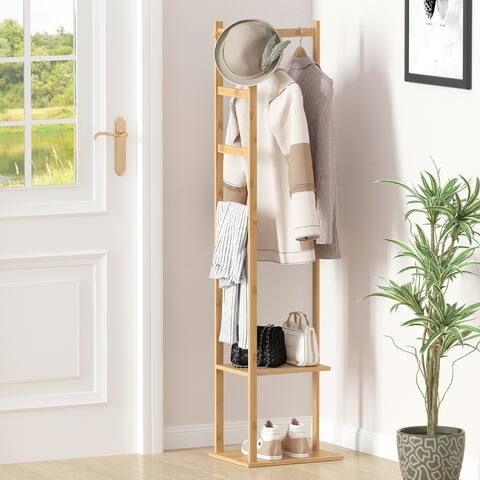 15" Wide Solid Wood Freestanding Coat Rack with Storage - Bamboo Color