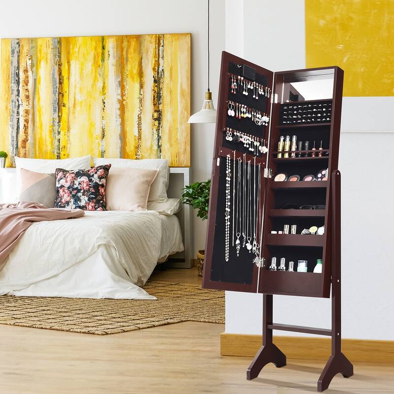 Costway Mirrored Jewelry Cabinet Organizer 18 LED lights Brown
