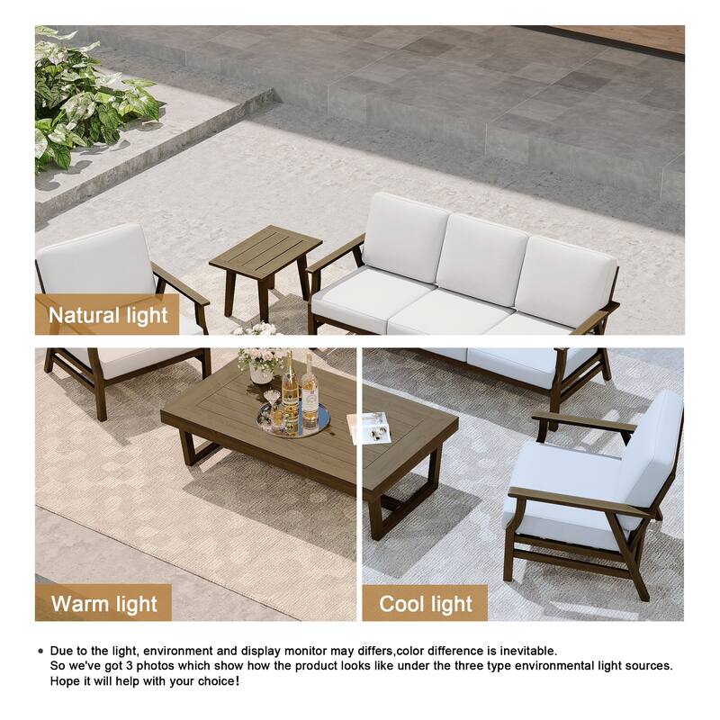 Modern Wood Cushioned Outdoor Patio Sofa Loveseat with Coffee Table