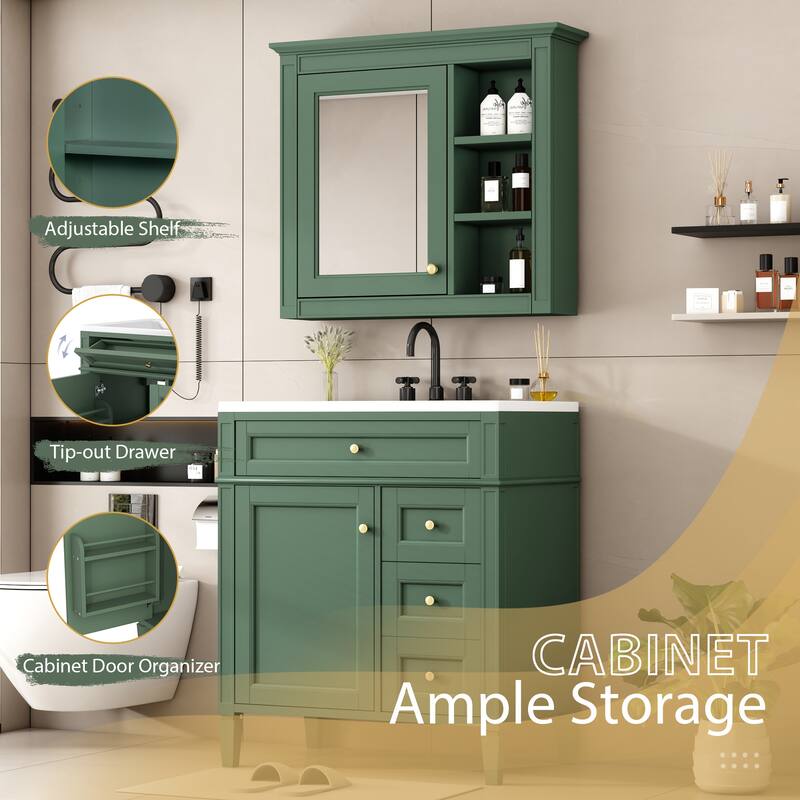 30'' Bathroom Vanity Set with Mirror Cabinet, Freestanding Bathroom Storage Cabinet with 2 Drawers and a Tip-out Drawer
