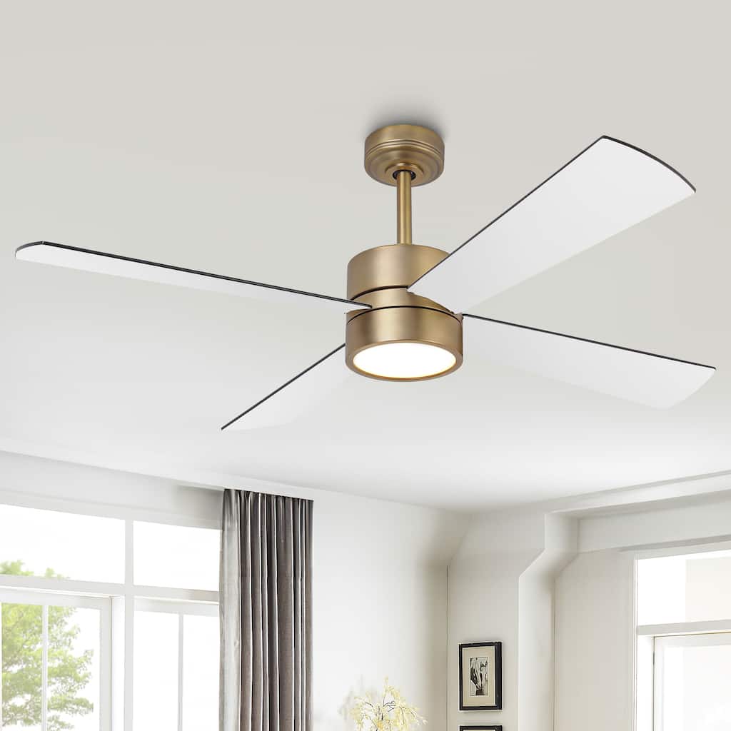 52 in. Natural Brass Plywood Indoor Downrod Mount Ceiling Fan with Integrated LED and Remote Control