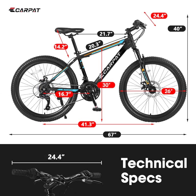 26 Inch Mountain Bike, Shimano 21 Speeds with Mechanical Disc Brakes, High-Carbon Steel Frame, Suspension MTB Mountain Bicycle