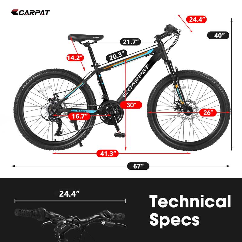 Mountain Bike - Shimano 21 Speeds, Mechanical Disc Brakes, High-Carbon Steel Frame, Suspension, Adult/Teen - 26
