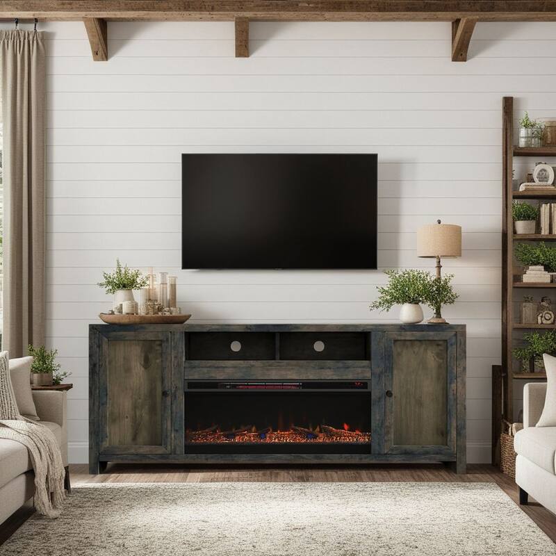 Bridgevine Home Joshua Creek 83 inch Electric Fireplace TV Stand for TVs up to 95 inches, Barnwood Finish