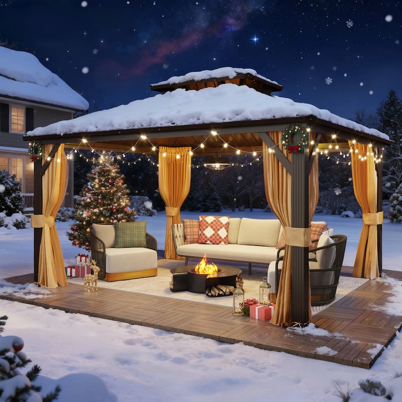 Erommy Hardtop Gazebo with Galvanized Steel Double Roof & Aluminum Frame, Outdoor Gazebo with Curtains and Nettings - 12' x 14'