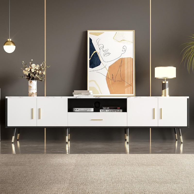 White+Black 70.8" TV Stand with 2 Cabinets and Open Compartments for TVs Up to 80"