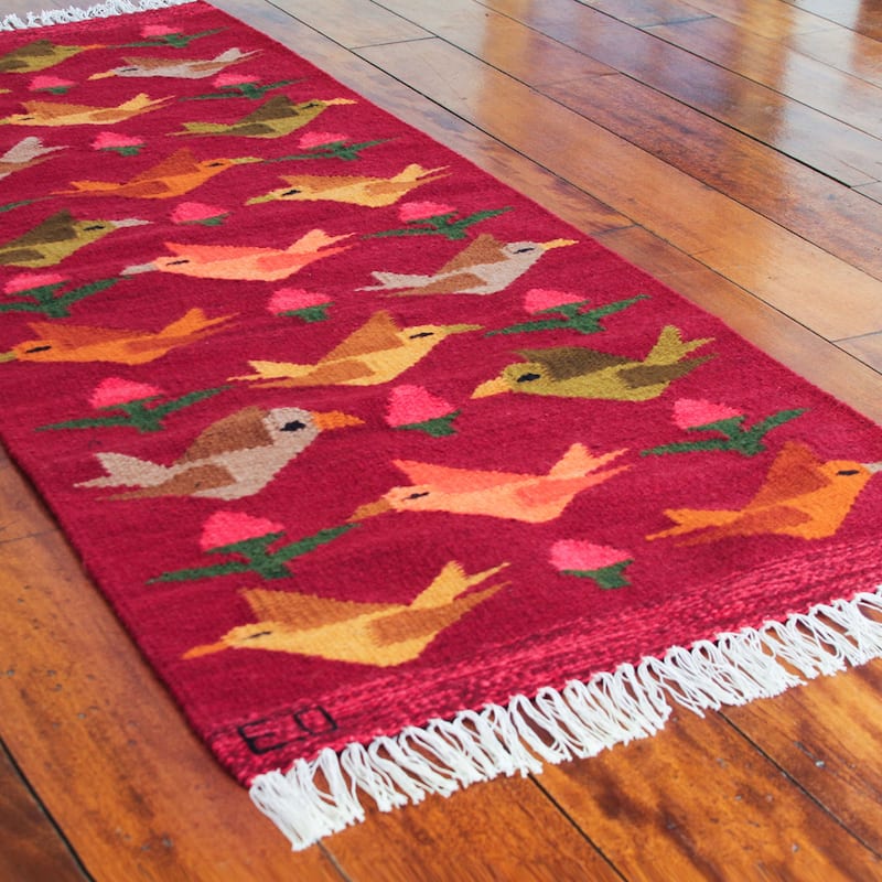 Novica Handmade Red Birds On The Wing Wool Rug (2X5) - 2' x 6' Runner