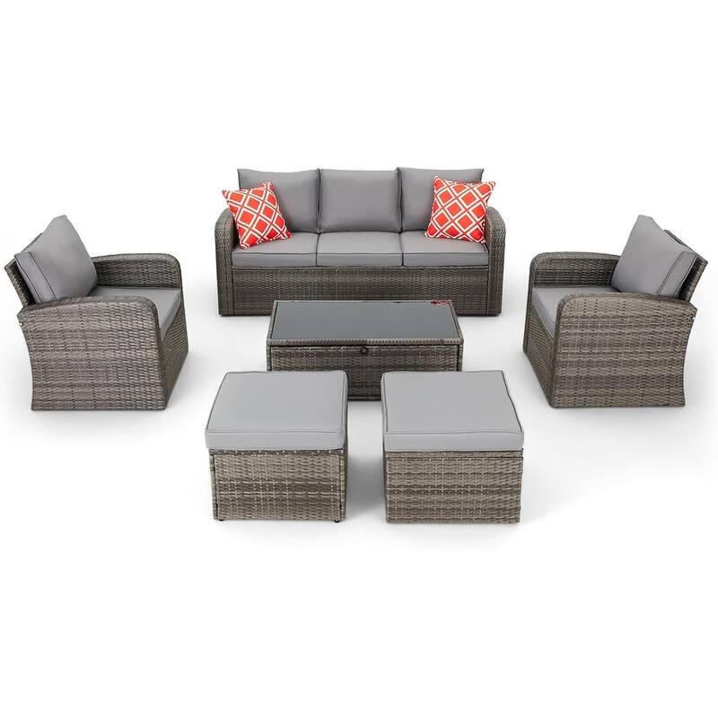 EROMMY 6/7 Piece Modular Outdoor Rattan Sofa Set, All-Weather Wicker Patio Furniture with Storage Table, Cushions & Pillows