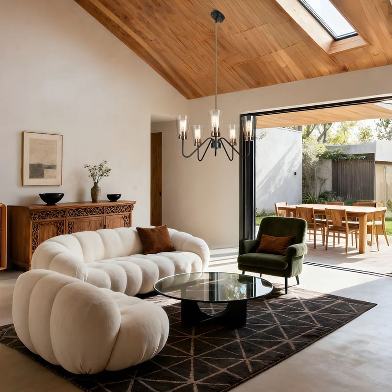 Ivelle Modern 5-Light Black Gold Wheel Chandelier Seeded Glass Pendant Lights for Dining Room - 22 “