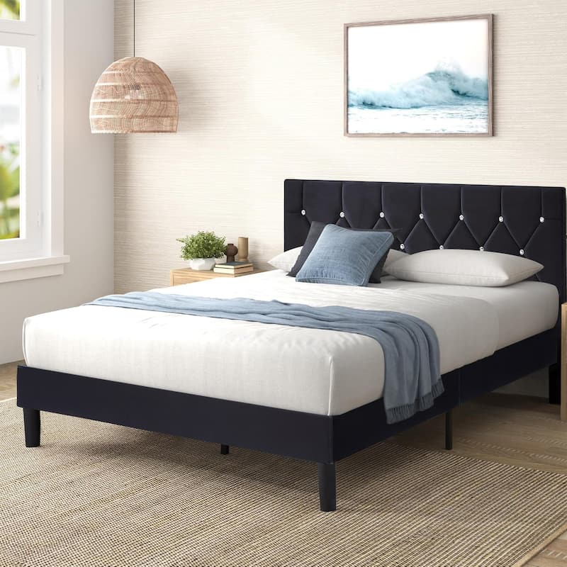 VECELO Upholstered Beds With Diamond Tufted Headboard, Platform Bed Frame, 7.9'' Under Bed Space