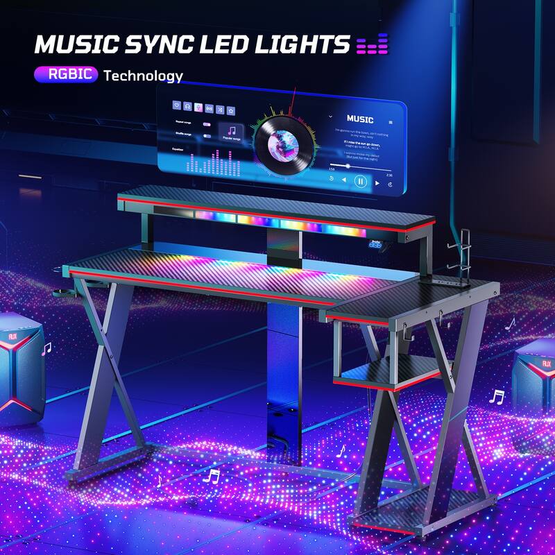 57 in. L Shape Gaming Desk with LED Lights Monitor Stand Power Outlets Cup Holder and Headphone Hook