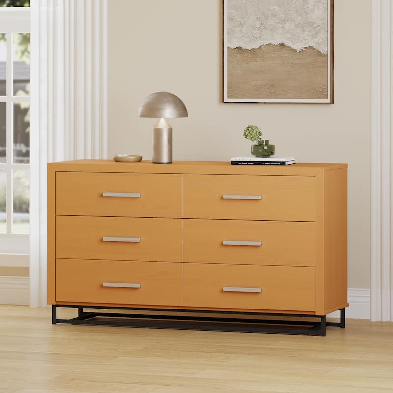Roomfitters 6-Drawer Modern Wood Storage Dresser with Metal Base, Wide Chest of Drawers for Bedroom or Living Room - Maple
