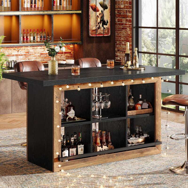 Counter Height Bar Table with Storage, Home Bar Cabinet Unit, Large Pub Table Kitchen Dining Room Accent Bar Console - Black+Brown