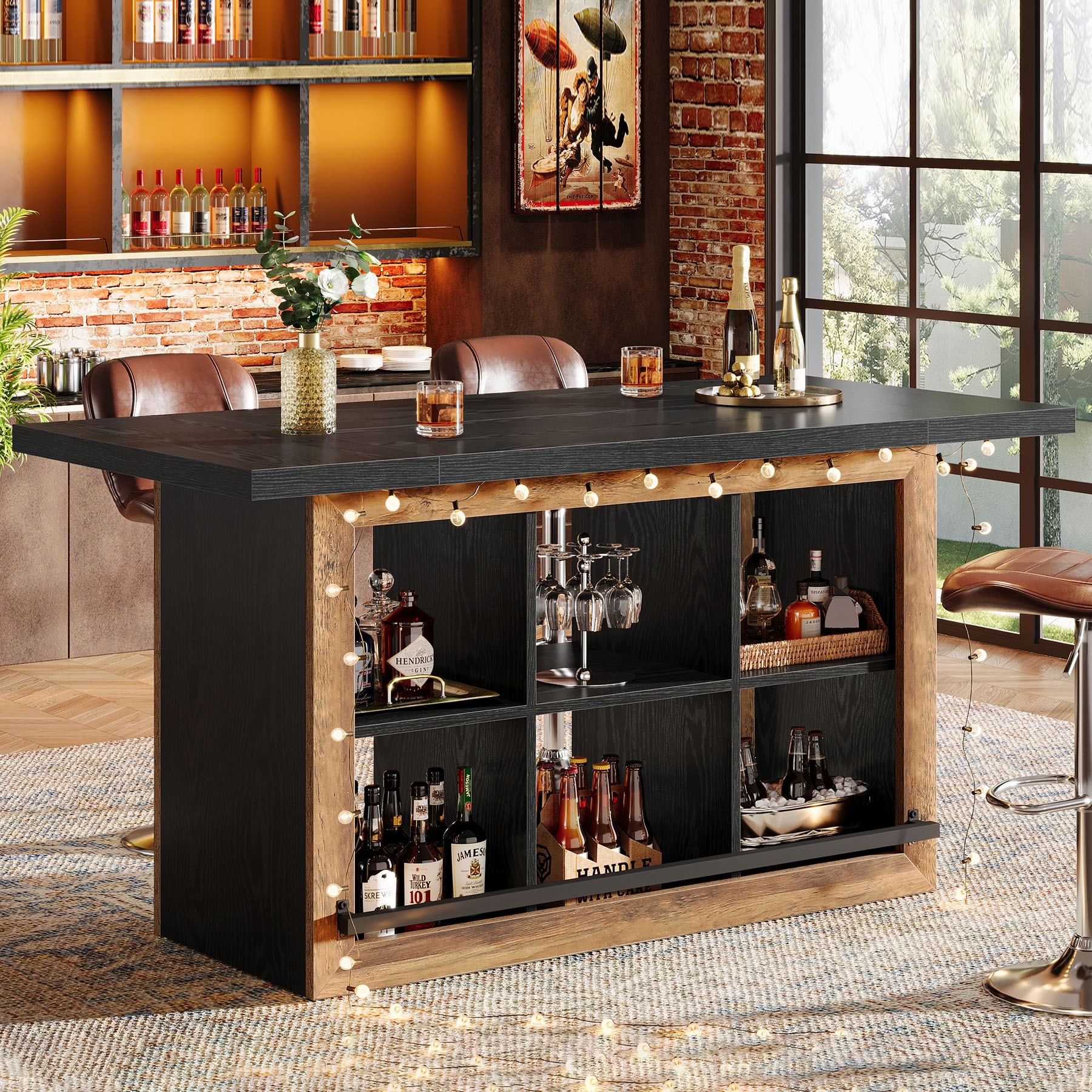 Counter Height Bar Table with Storage, Home Bar Cabinet Unit, Large Pub Table Kitchen Dining Room Accent Bar Console