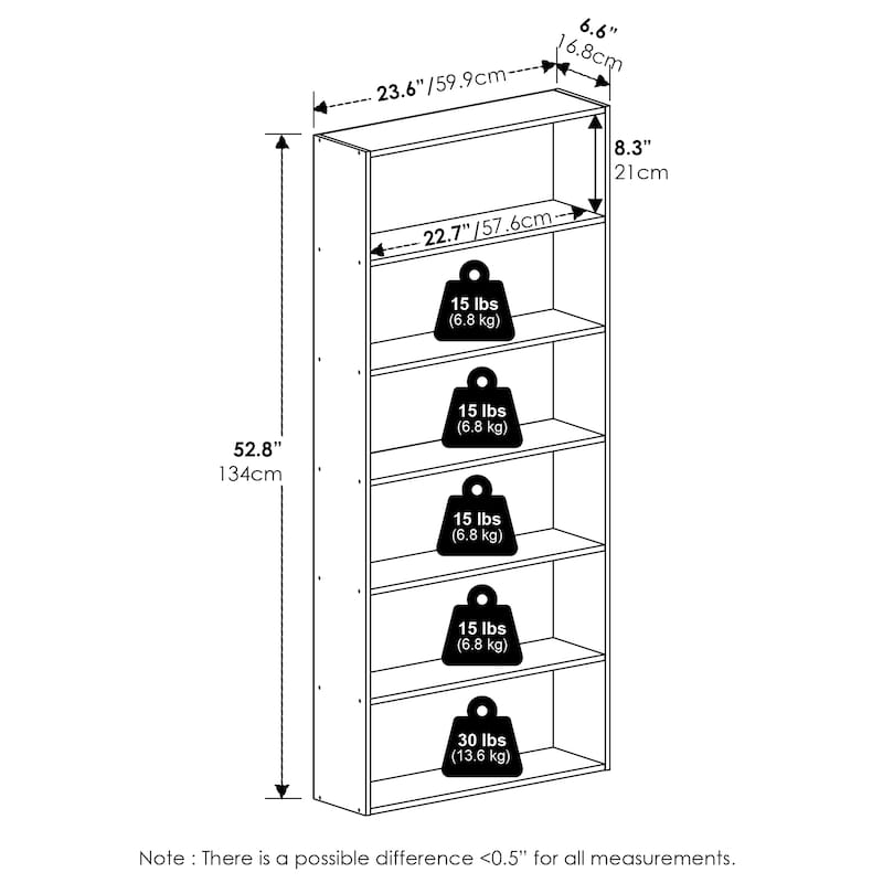 Furinno Basic 6-Tier Open Shelf Bookcase, Bookshelf, Storage Organizer, 7 x 24 x 53
