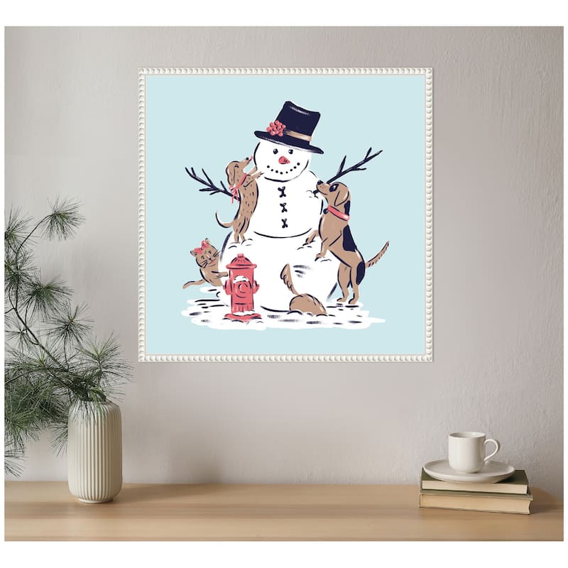 Kate and Laurel Sylvie Beaded Snowman Dogs Cat Framed Canvas by Krissy Mast