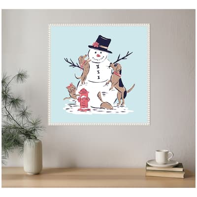 Kate and Laurel Sylvie Beaded Snowman Dogs Cat Framed Canvas by Krissy Mast