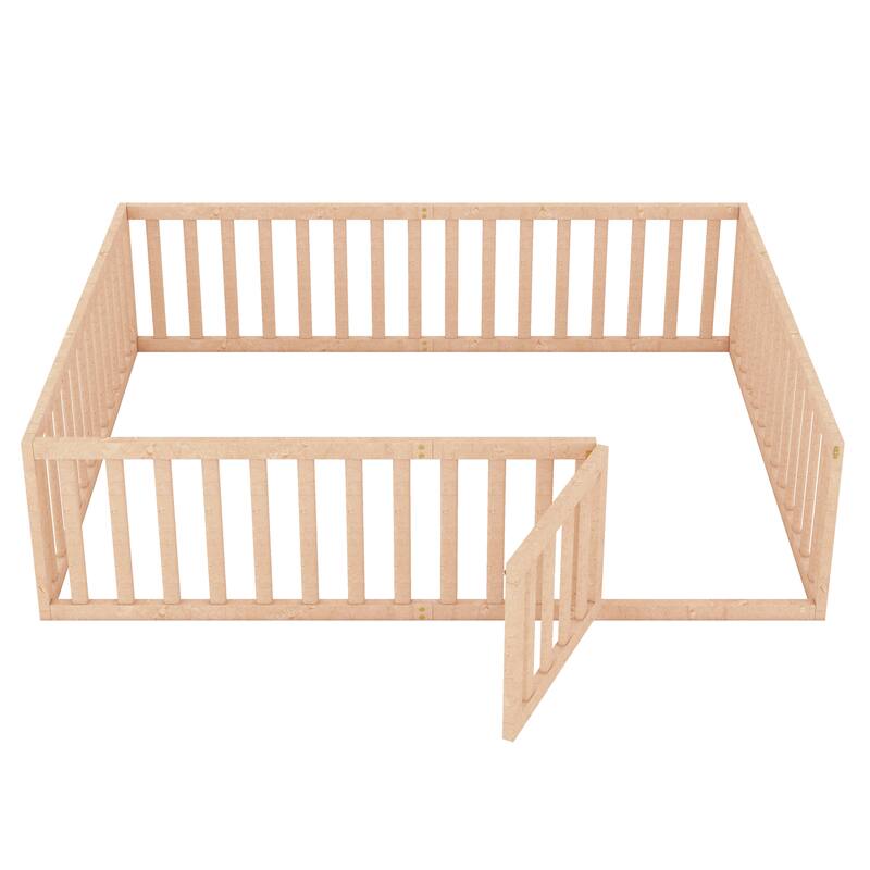 Versatile Wooden Floor Bed Frame without Slats, Solid Pinewood Kids Bed Frame with Fence and Door