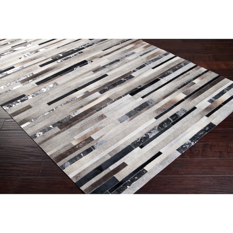Ancona Black & White Modern Striped Hair on Hide Area Rug - 6' x 9'