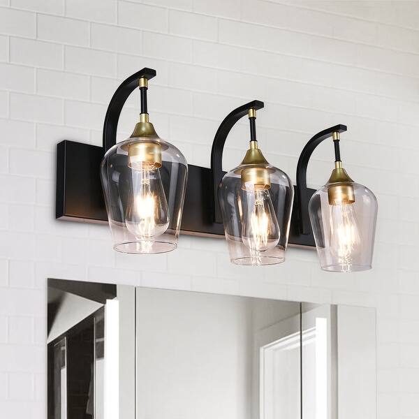 slide 2 of 7, Mid-Century Modern 3-Light Glass Shaded Vanity Light Black