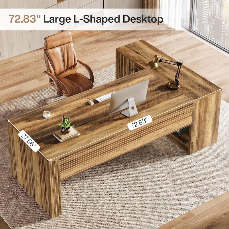 72.8 Inches L-Shaped Desk with Storage Shelves, Farmhouse Wood Computer Desk for Home Office, Rustic Brown