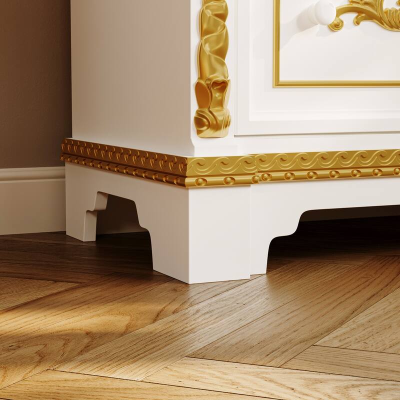 Display Cabinet with Drawers Tall Wine Bar Bookcase with LED Light Glass Shelves, Carved Solid Wood Front, 76.6"