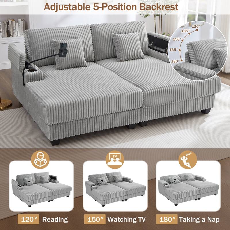 Corduroy Chaise Lounge Sofa Loveseat Sleeper Sofa with Adjustable Backrest, Cup Holders, Phone Holder and Dual Storage Armrest