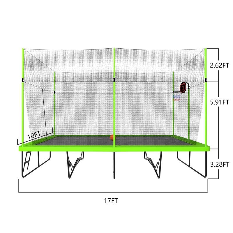 10ft by 17ft Trampoline with Green Fabric Black Powder-coated Galvanized Steel Tubes with Basketball Hoop System Advanced Ladder