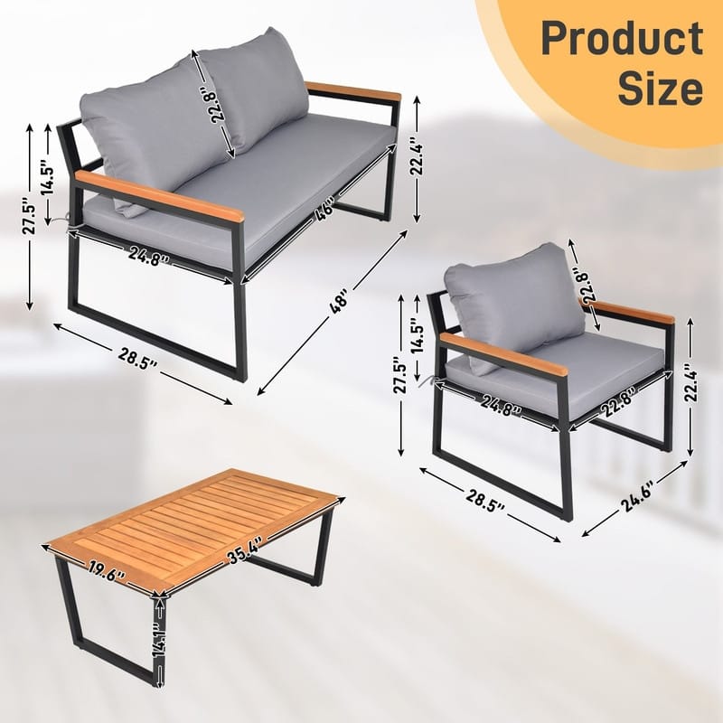 4 Piece Outdoor Patio Lounge Conversation Set Metal Frame with Acacia Wood