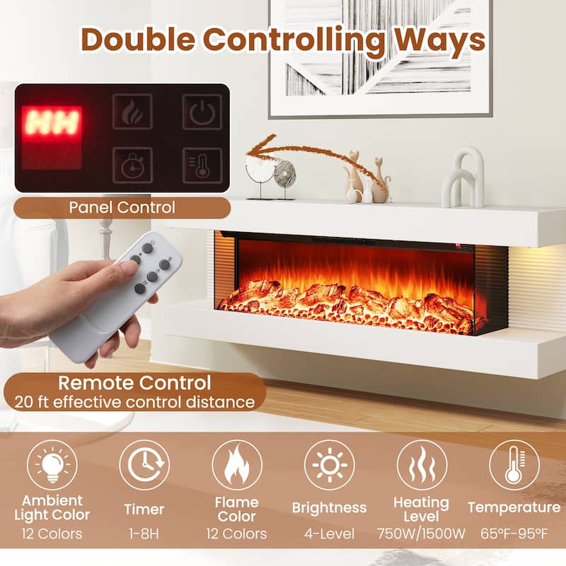 White Wall Mounted Floating Electric Fireplace with and 3-Sided Tempered Glass and Remote Control