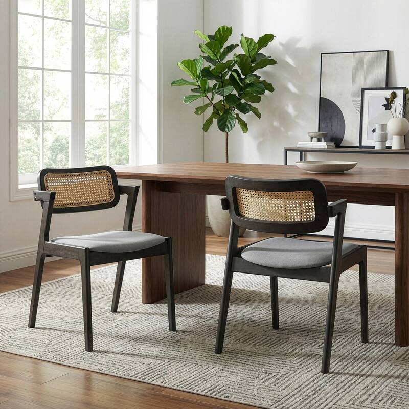 Set of 2 Azula Gray Fabric Dining Chair with Rattan Back and Black Wood Legs