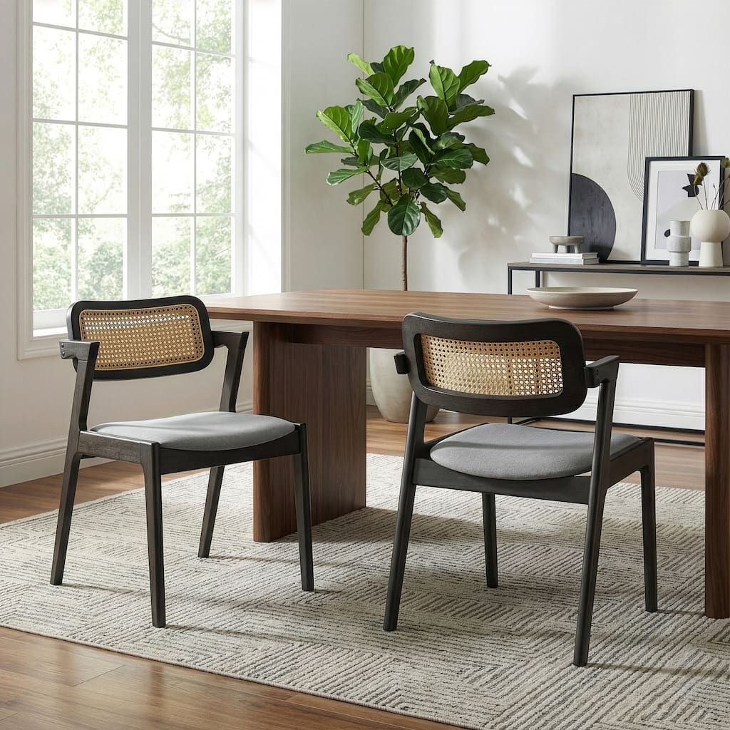 Set of 2 Azula Gray Fabric Dining Chair with Rattan Back and Black Wood Legs