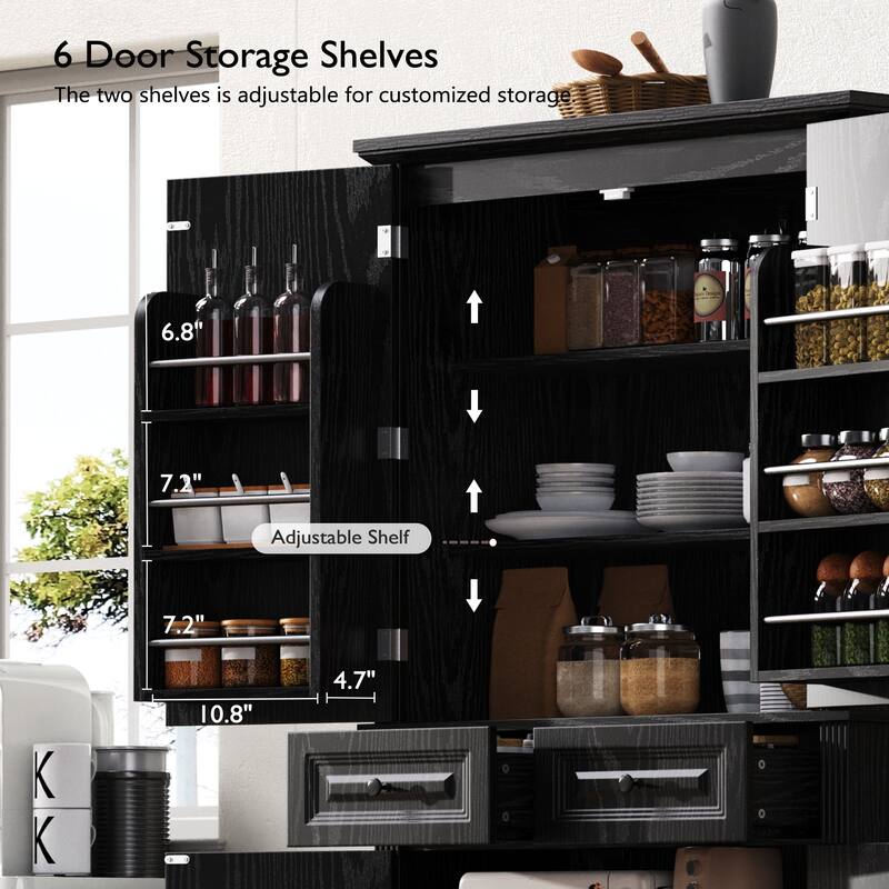 Roomfitters 71" Tall Kitchen Pantry Cabinet with 3 Pull-Out Organizers & 6 Door Shelves