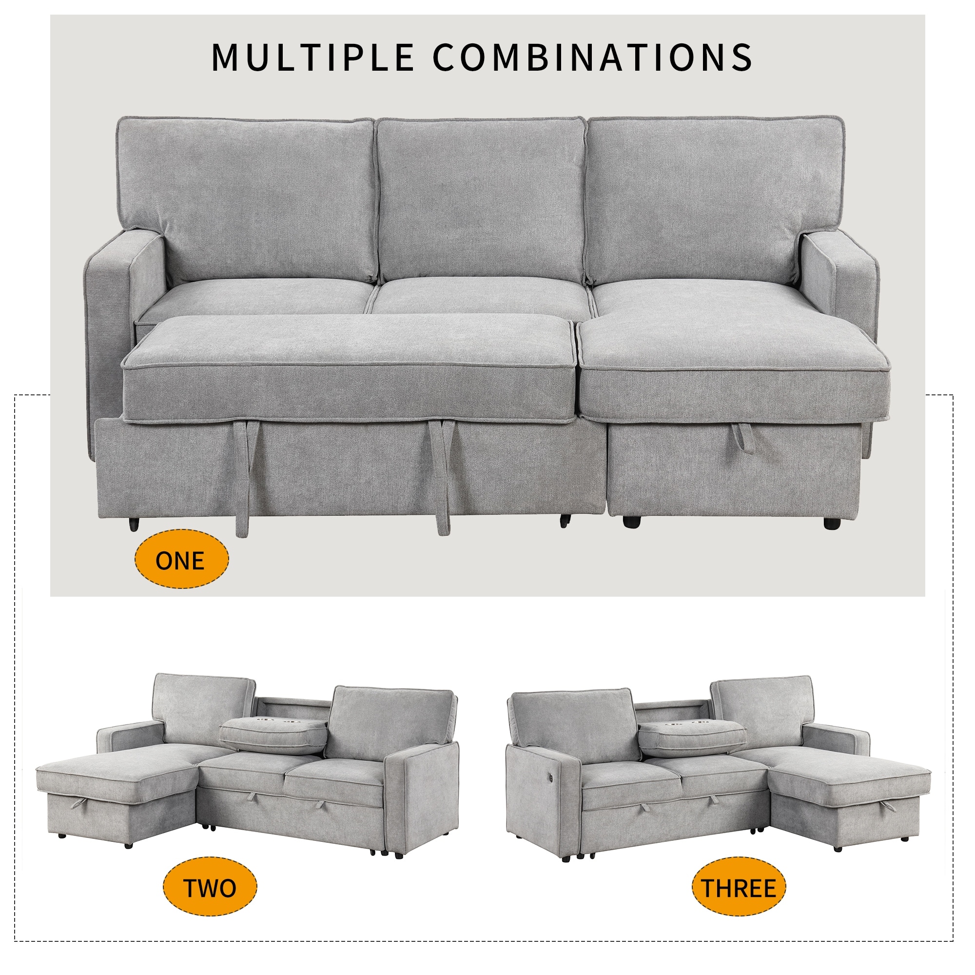 Upholstery Sleeper Sectional Sofa w/Storage, USB Port & 2 Cup Holders