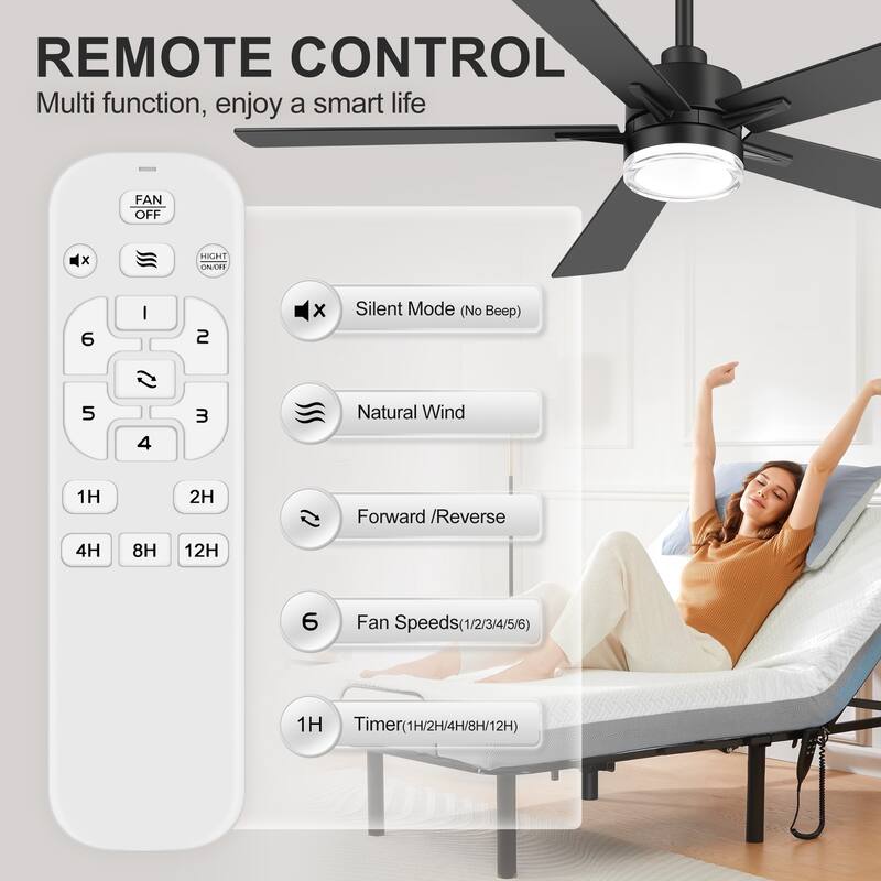 52" Modern Black Reversible 5-Blade Clear Acrylic Lens Ceiling Fan with Light and Remote