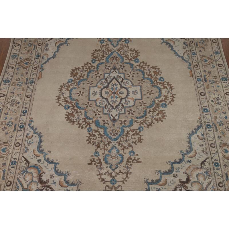 Hand Knotted Oriental 100% Wool Carpet Traditional Medallion Beige & Ivories Tabriz Area Rug - 11' 7'' X 8' 4''