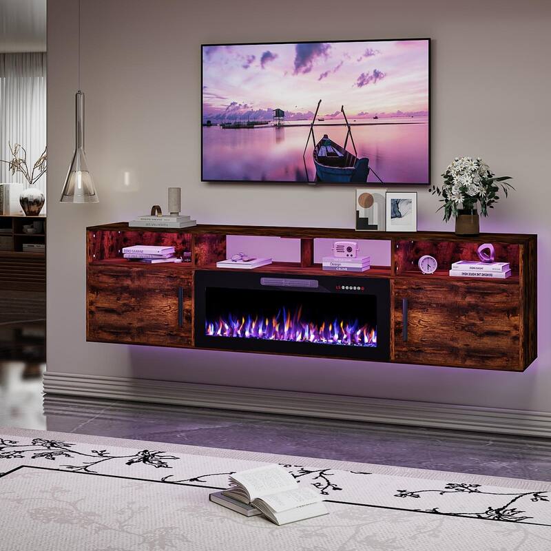 BOSSIN 80" Floating TV Stand with 36" Electric Fireplace, High Gloss Finish Wall Mounted Fireplace TV Stand with Storage