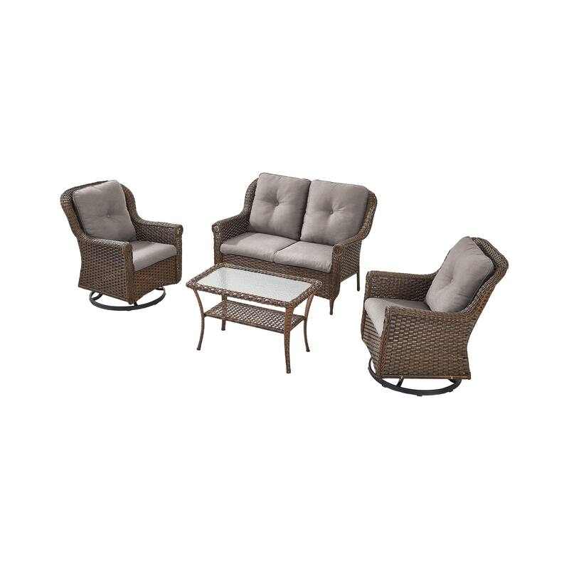 Outdoor 2-Seat Sofa with 2 Swivel Chair Table Brown - Beige